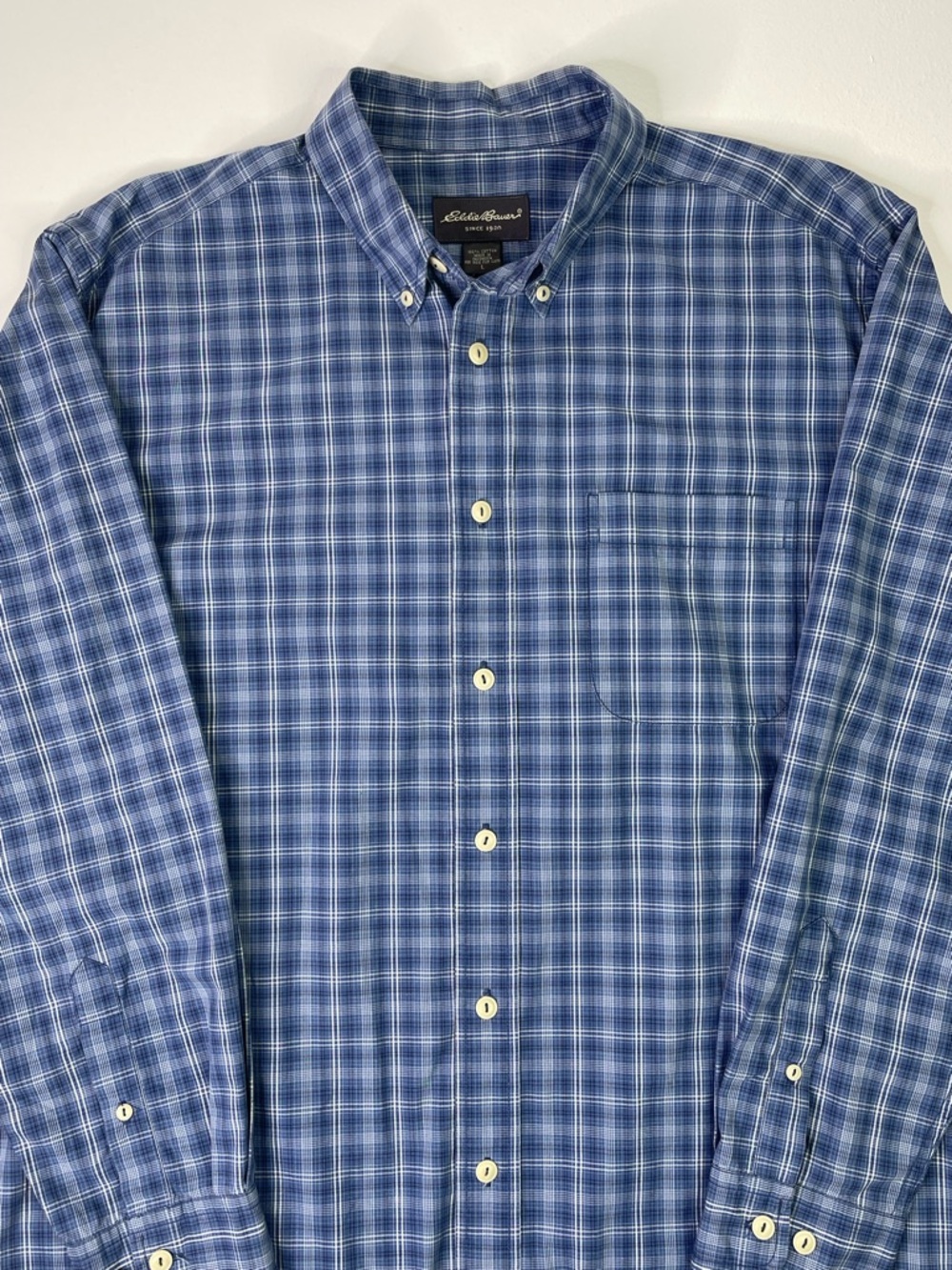 Eddie Bauer Classic Fit Blue Plaid 100% Cotton Button Down Shirt Large